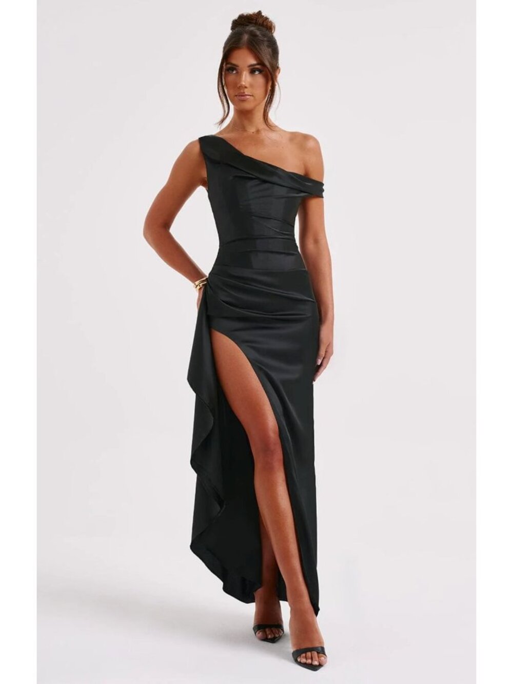 Babyboo Juliene Maxi Dress Satin Corset One Shoulder Evening Cocktail Black XS